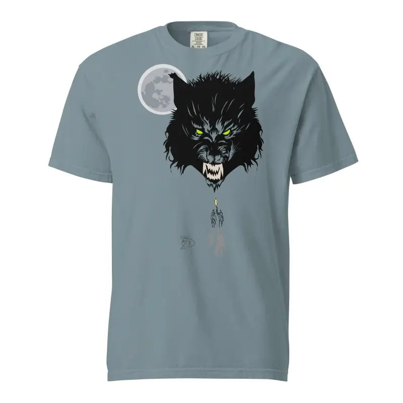 Grey unisex garment-dyed heavyweight t-shirt with fierce wolf graphic and moon design