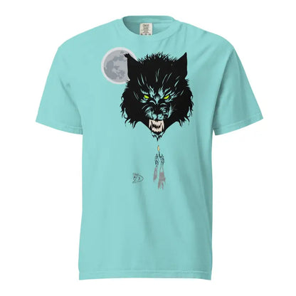 Mint green unisex garment-dyed heavyweight t-shirt featuring a fierce wolf head design