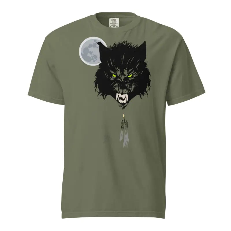 Olive green unisex garment-dyed heavyweight t-shirt showcasing a wolf and full moon design