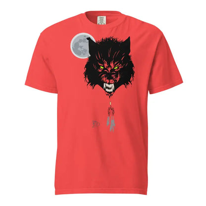 Red unisex garment-dyed heavyweight t-shirt featuring fierce werewolf design and glowing eyes