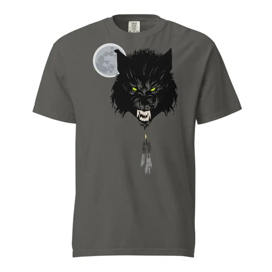 Grey unisex garment-dyed heavyweight t-shirt with fierce black wolf head and full moon design