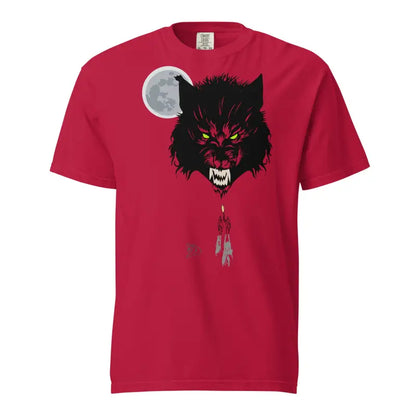 Red unisex garment-dyed heavyweight t-shirt with fierce wolf graphic under full moon