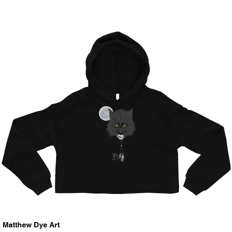 Black cropped hoodie with dark wolf and moon graphic, a captivating statement piece