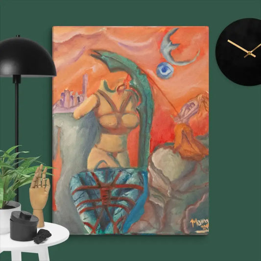 Surreal dreamscape painting art of a dragon figure with a human torso against an orange sky