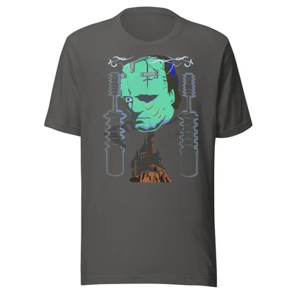 Dark gray T-shirt with mint green Frankenstein’s monster design by Matthew Dye art for Halloween