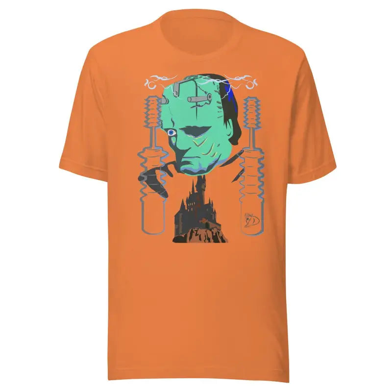 Orange unisex Frankenstein’s Awakening T-Shirt featuring Matthew Dye art in turquoise and gray