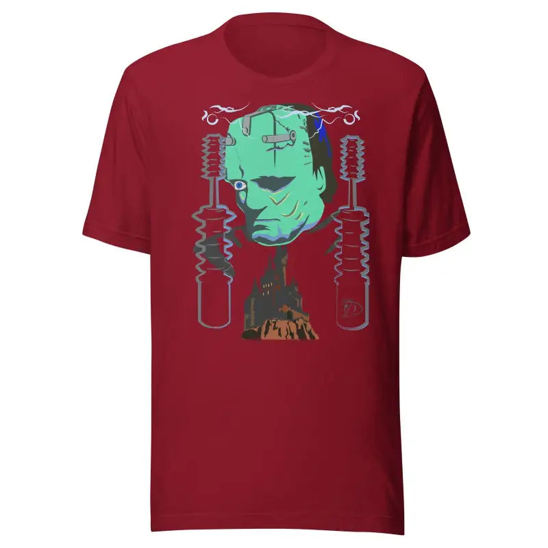 Red T-shirt featuring Matthew Dye Art’s Frankenstein’s Awakening design for Halloween