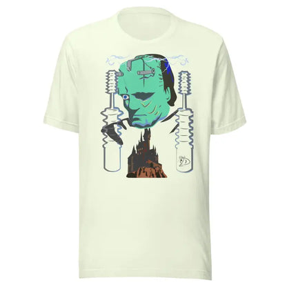 Cream-colored T-shirt with Frankenstein’s Awakening design by Matthew Dye Art