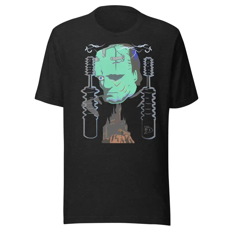 Black Frankenstein’s Awakening Unisex T-Shirt featuring mint green monster design by Matthew Dye Art