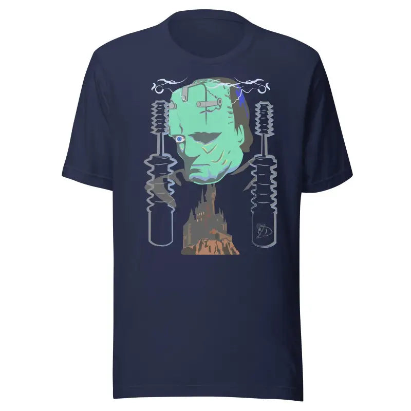 Navy blue unisex t-shirt with Matthew Dye art of Frankenstein’s Awakening design