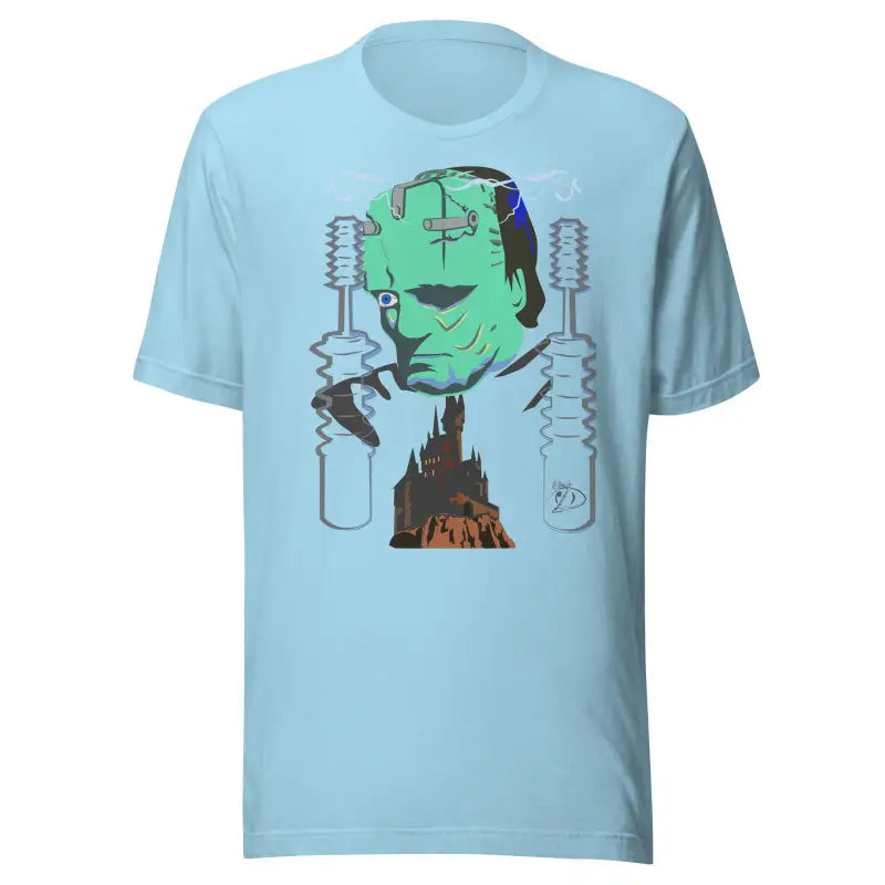 Light blue t-shirt with Matthew Dye art featuring Frankenstein’s Awakening unisex design