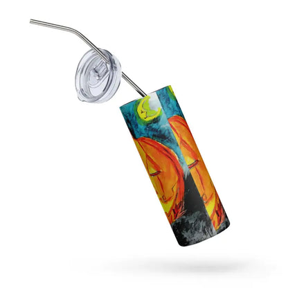 Colorful stainless steel tumbler with abstract orange and blue artwork for Halloween