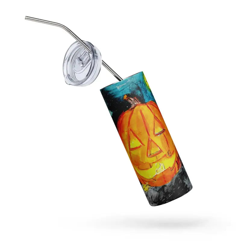 Stainless steel tumbler featuring Halloween jack-o’-lantern artwork for festive spirits