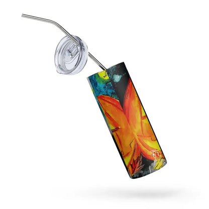 Colorful floral-patterned stainless steel tumbler with clear lid and straw for Halloween