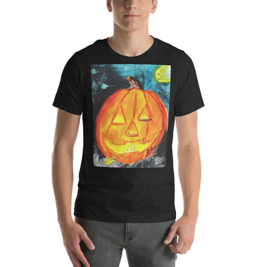 Carved Halloween pumpkin with glowing eyes featured on a spooky soft unisex t-shirt