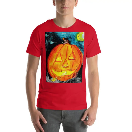 Bright red spooky soft unisex t-shirt featuring Jack-o-Lantern art for Halloween