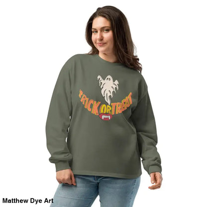 Olive green Halloween sweatshirt from Jack-o’-Lantern Glow Premium Long Sleeve collection