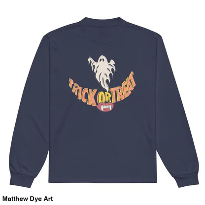 Navy long sleeve shirt featuring Jack-o’-Lantern Glow vintage Halloween art for effortless elegance