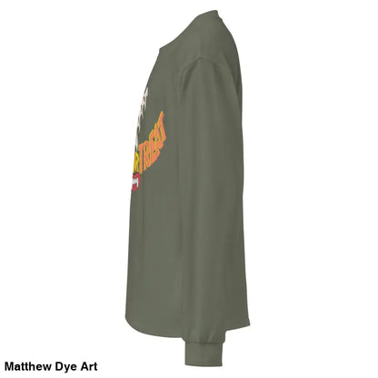 Olive green long sleeve shirt showcasing effortless elegance in Jack-o’-Lantern Glow design