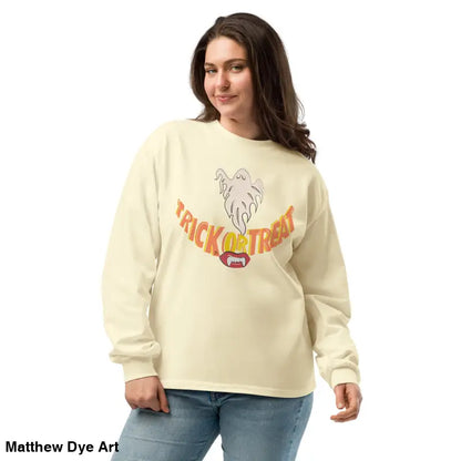 Woman showcasing effortless elegance in a premium long sleeve Halloween sweatshirt