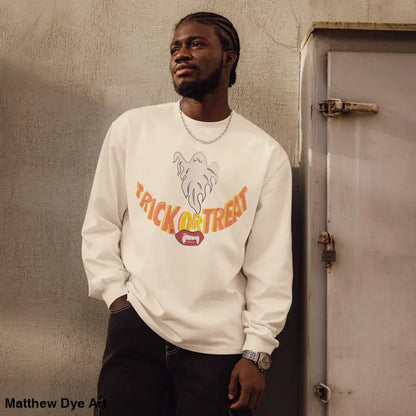 Man showcases premium long sleeve shirt with Jack-o’-Lantern Glow Halloween art