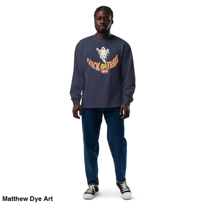 Man in premium long sleeve shirt showcasing Jack-o’-Lantern Glow Halloween theme