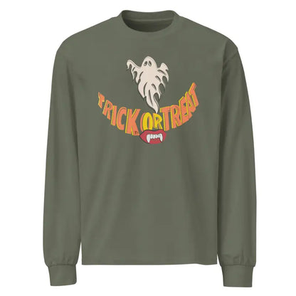 Olive green premium long sleeve shirt featuring Jack-o’-Lantern Glow Halloween graphic