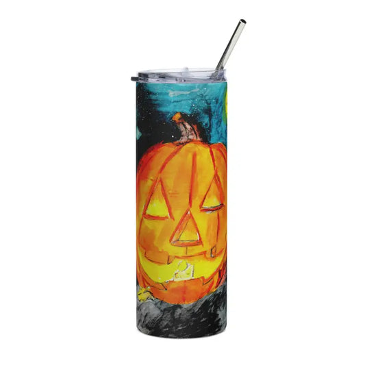 Pumpkin-themed tumbler with straw featuring Matthew Dye art and a jack-o’-lantern design