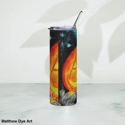 Halloween-themed tumbler featuring Matthew Dye art and jack-o’-lantern stainless steel design