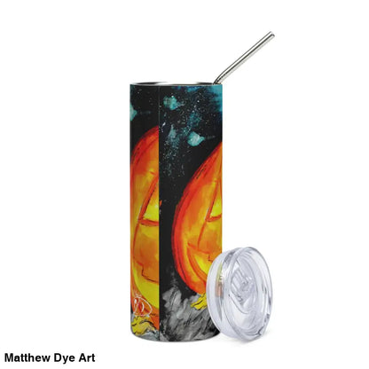 Halloween-themed tumbler with straw and lid featuring Matthew Dye art of a jack-o’-lantern