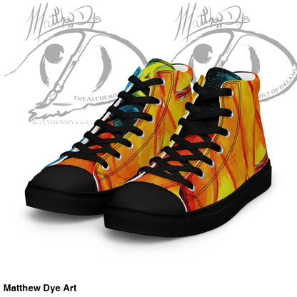 Playful Jack-o’-Lantern high top canvas shoes with vibrant orange and yellow patterns