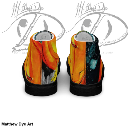 Pair of playful jack-o’-lantern women’s high top canvas shoes with abstract designs