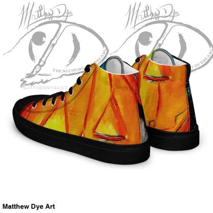 Playful jack-o’-lantern high-top canvas shoes with orange and yellow abstract design