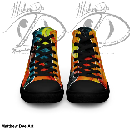 Colorful high-top canvas shoes for women with playful jack-o’-lantern patterns and black toes
