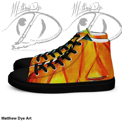 High-top sneakers featuring playful jack-o’-lantern flames and black trim for women