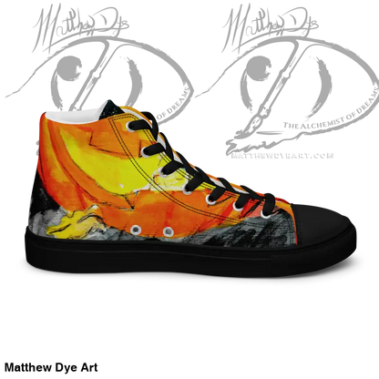 High-top sneaker with flames on black canvas, playful jack-o’-lantern design for women