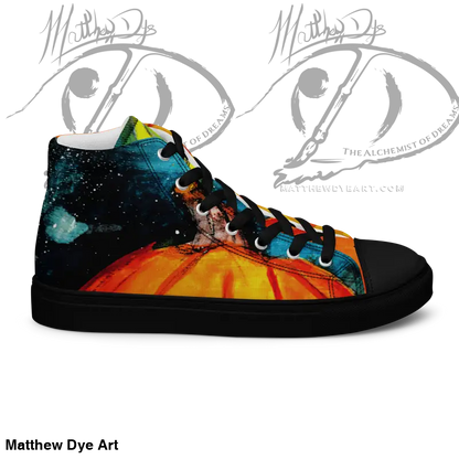Playful jack-o’-lantern design on women’s high top canvas shoes with cosmic sunset colors