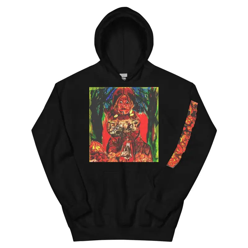 Black hoodie sweatshirt featuring colorful graphic print for the Trick r Treat Unisex Hoodie