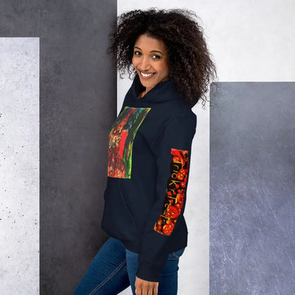 Navy blue Trick r Treat unisex hoodie with colorful graphic art for chilly autumn comfort