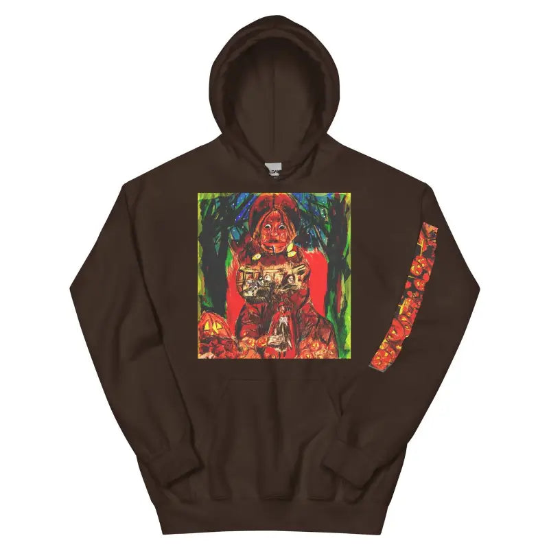 Brown hooded sweatshirt with colorful abstract art, perfect for the Trick r Treat Unisex Hoodie