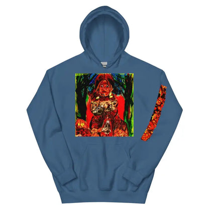 Blue hooded sweatshirt featuring colorful abstract art design from Trick r Treat Unisex Hoodie