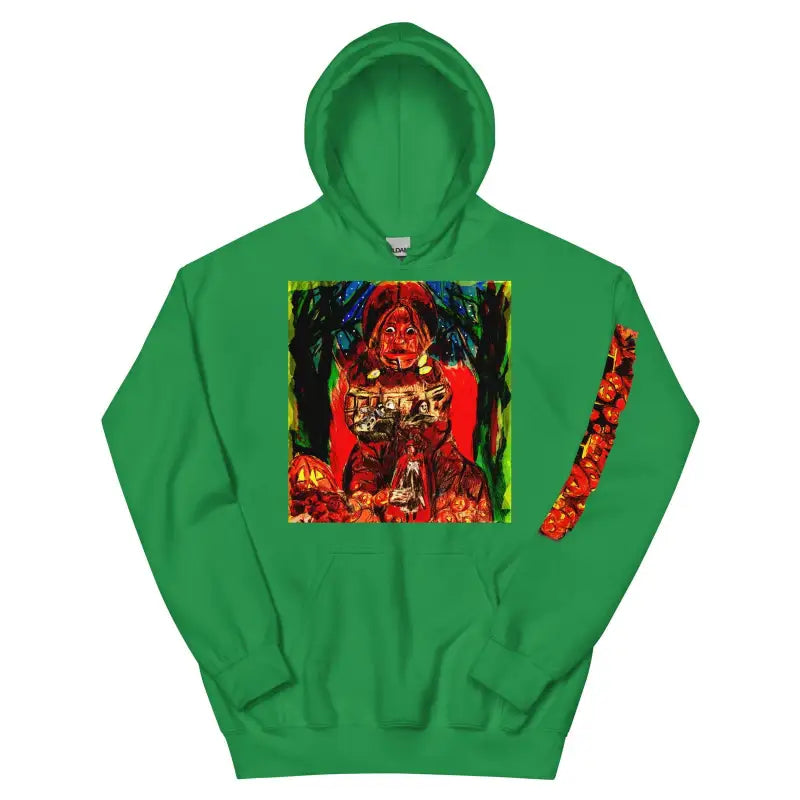 Green hooded sweatshirt featuring colorful abstract art for a cozy chilly autumn style