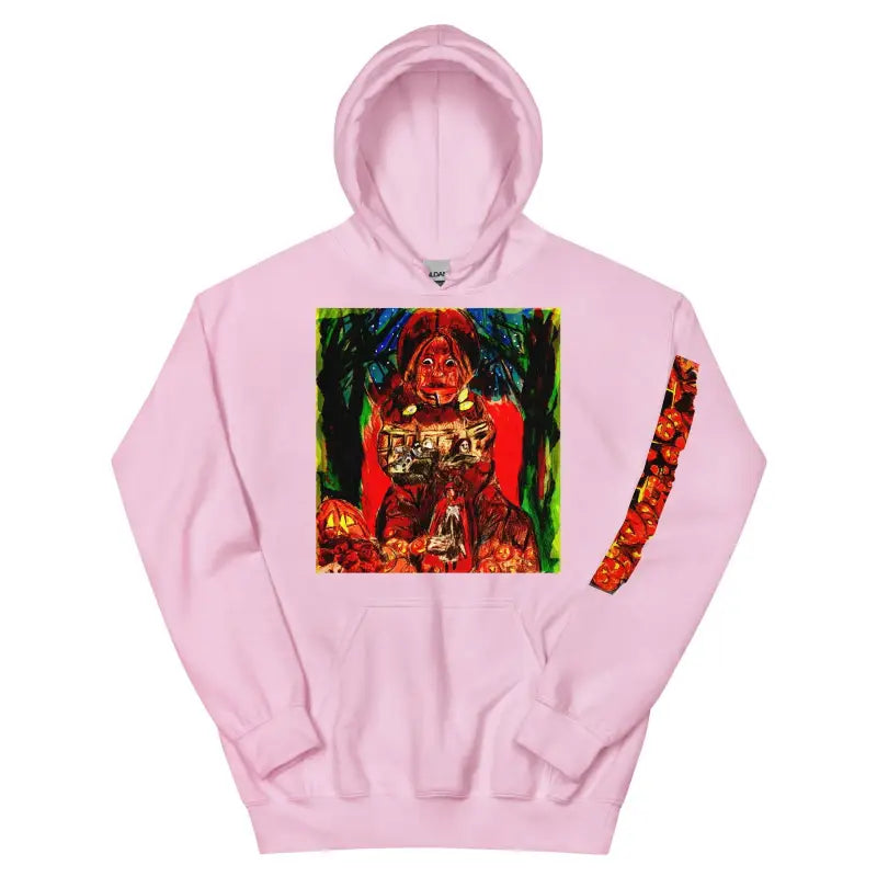 Pink Trick r Treat Unisex Hoodie featuring colorful graphic print on front and sleeve