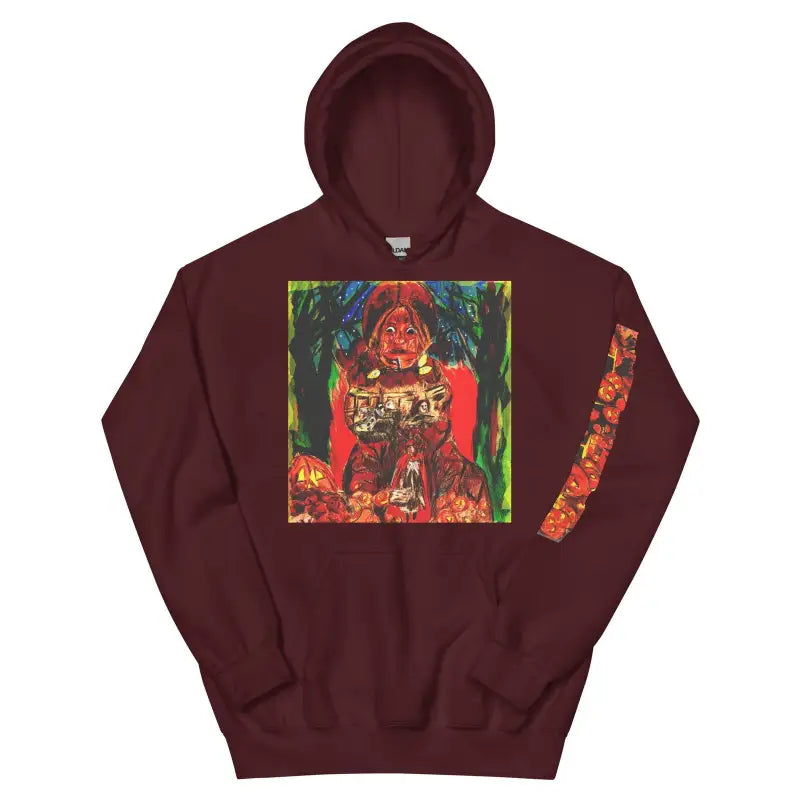 Maroon hoodie with colorful graphic print, ideal for chilly autumn and Halloween style