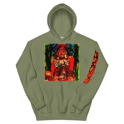 Military green Trick r Treat unisex hoodie featuring vibrant artistic graphic print