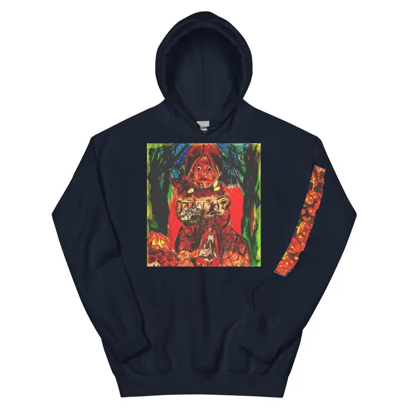 Black Trick r Treat Unisex Hoodie featuring colorful artistic graphic print on front and sleeve