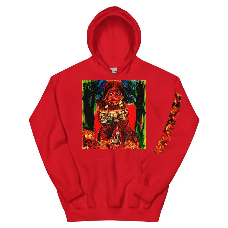 Red hoodie with colorful graphic print, perfect for chilly autumn Halloween style