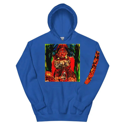 Royal blue hooded sweatshirt featuring colorful graphic print, Trick r Treat Unisex Hoodie