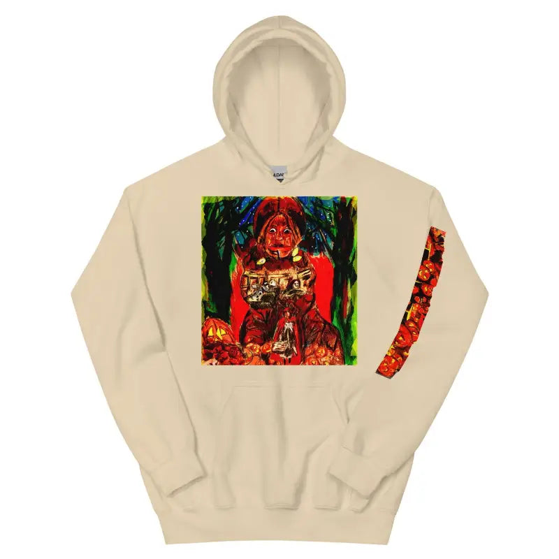 Beige soft and comfortable jack-o’-lantern unisex hoodie with colorful abstract artwork