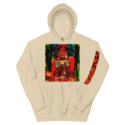 Beige Trick r Treat Unisex Hoodie featuring vibrant abstract artwork on front and sleeve